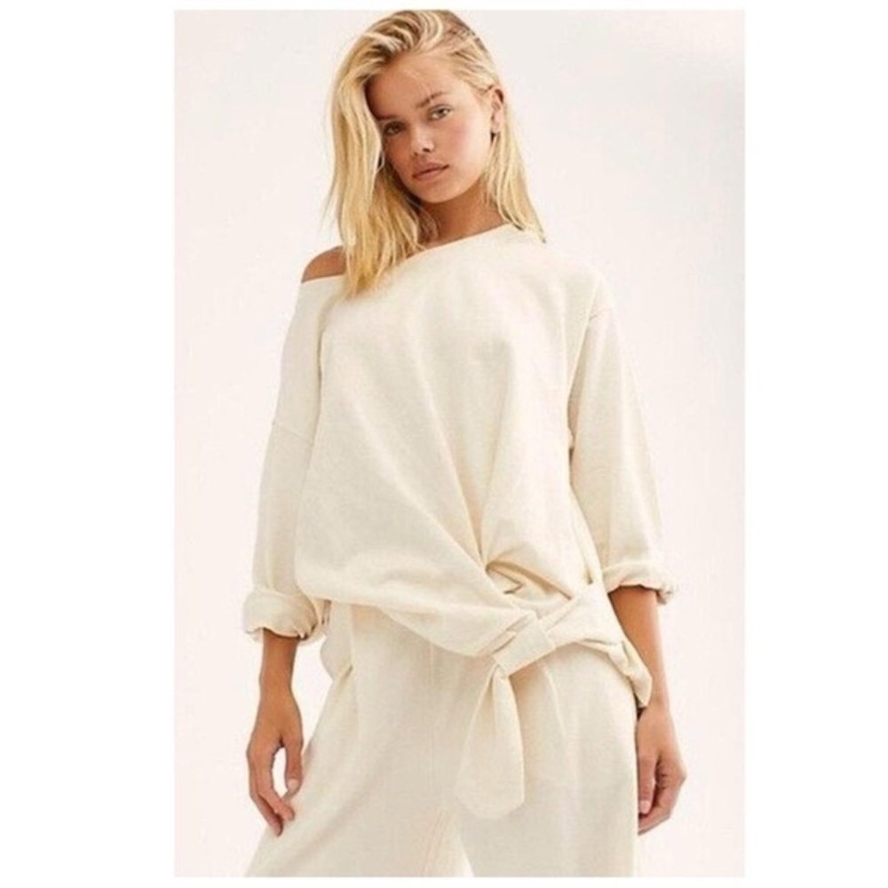 Free People FP Beach Lax Front Knot‎ Tie Knit Oversized Top | Ivory | Size Small